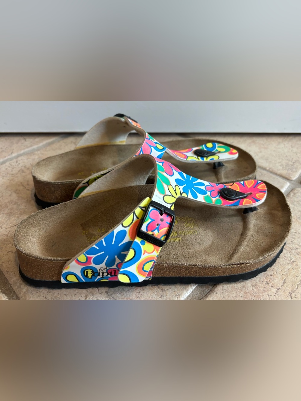Papillio by Birkenstock Women’s Size 6 Sandal Straps Leather Floral Neon Gizeh